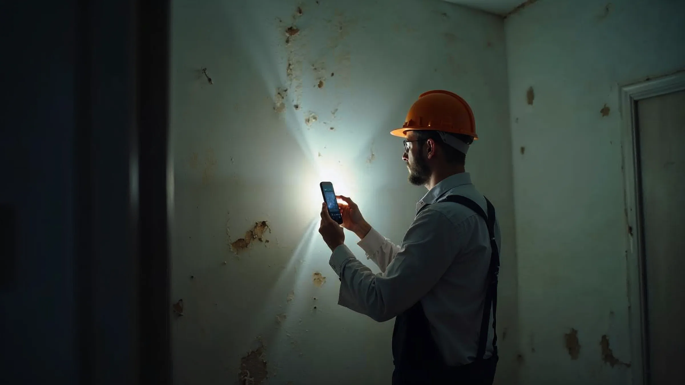 KI-erzeugtes Bild: Sachverständiger fotografiert mit Smartphone und Taschenlampe einen Feuchteschaden an einer Innenwand, ein Maßstab liegt im Bild